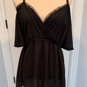 Black elbow length sleeve cold-shoulder top